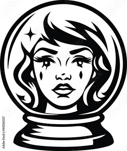 Stylized fortune teller's crystal ball, featuring a woman's face inside silhouette vector illustration, stylized fortune teller's crystal ball with woman's face inside line art vector icon design