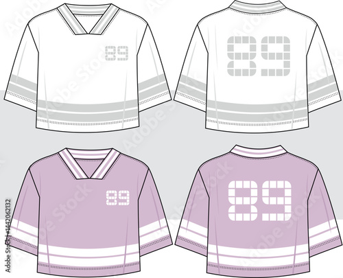 Women's Streetwear Jersey cropped T-Shirt template. Hip Hop, uniform, college, baseball, basketball oversize top fashion flat sketch illustration, front and back view. cad, mockup.