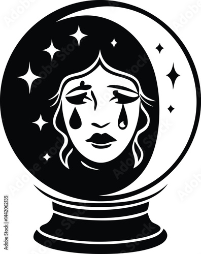 Stylized fortune teller's crystal ball, featuring a woman's face inside silhouette vector illustration, stylized fortune teller's crystal ball with woman's face inside line art vector icon design