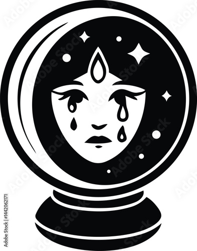 Stylized fortune teller's crystal ball, featuring a woman's face inside silhouette vector illustration, stylized fortune teller's crystal ball with woman's face inside line art vector icon design