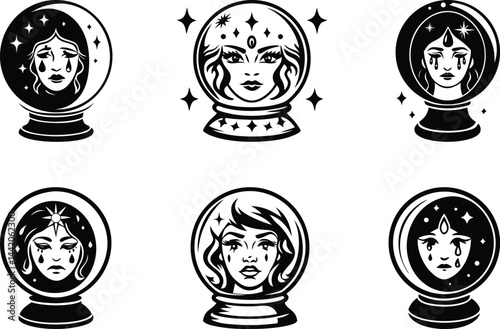 Stylized fortune teller's crystal ball, featuring a woman's face inside silhouette vector illustration, stylized fortune teller's crystal ball with woman's face inside line art vector icon design set