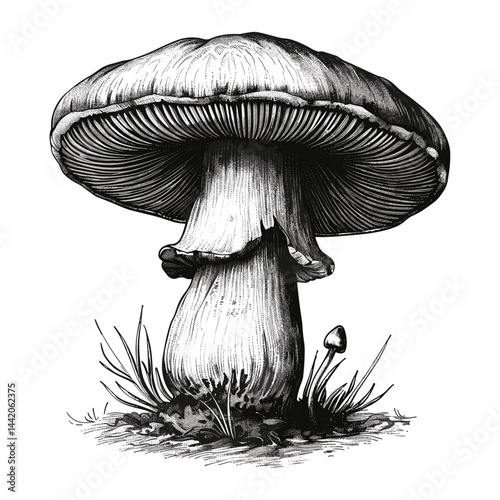 Old vintage mushroom illustration, black sketch, bold engraving style, trendy fungi print, monochrome botanical artwork, retro forest mushrooms, detailed mushroom engraving