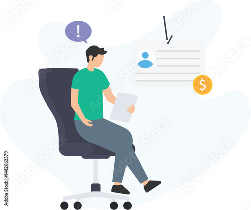 Young man sitting on an office chair and holding a tablet, checking his online bank account and receiving a notification about a payment, with an exclamation mark in a speech bubble


