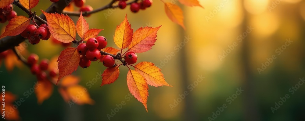 Leafy branches with autumnal hues and berries, leaves, tree Leafy branches with autumnal hues and berries, leaves, tree