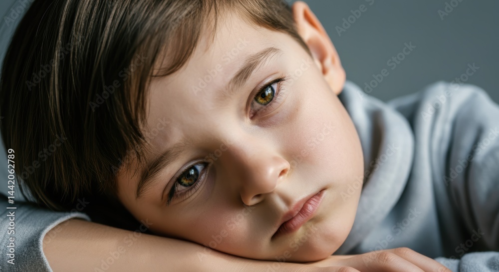 Pensive young caucasian child with thoughtful expression resting on arm Pensive young caucasian child with thoughtful expression resting on arm
