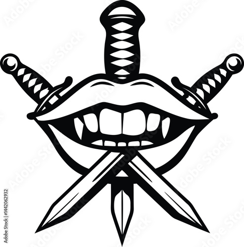 Danger mouth and knife isolated vector graphics resource, Danger mouth and knife silhouette vector, Danger mouth and knife line art vector illustration