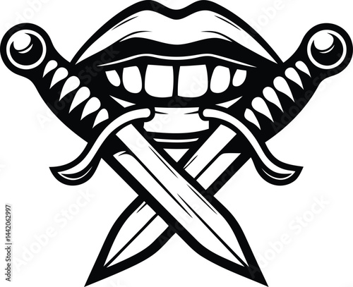 Danger mouth and knife isolated vector graphics resource, Danger mouth and knife silhouette vector, Danger mouth and knife line art vector illustration