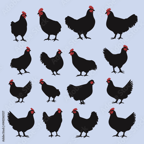Black Silhouette Chickens with Red Combs on Light Blue Background