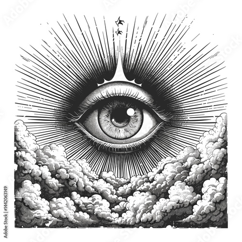 Vintage black-and-white engraving, all-seeing eye, radiant beams, mysticism, divine presence, enlightenment, detailed old sketch, isolated, vintage engraving, spiritual symbolism