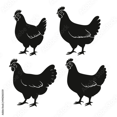 Black Silhouette Chickens Set Isolated on White Background