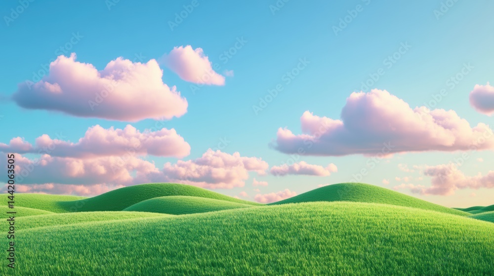 illustration of Summer fields landscape with a dawn,Rainbow, green grass hills, bright color blue sky, country background,banner resting vacation.