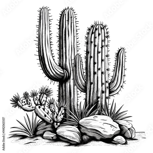 Vintage hand drawn vector illustration of cacti, black sketch, simple monochrome art, old engraving style, desert plants, boho cactus clipart, rustic cactus design, antique cactus drawing