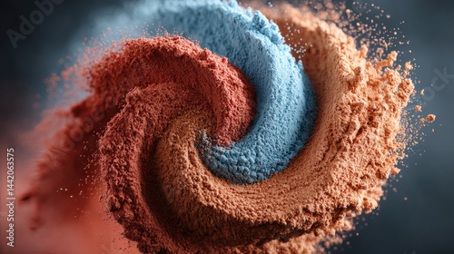 A dynamic swirl of blue and brown powder forms a striking vortex against a dark background.
