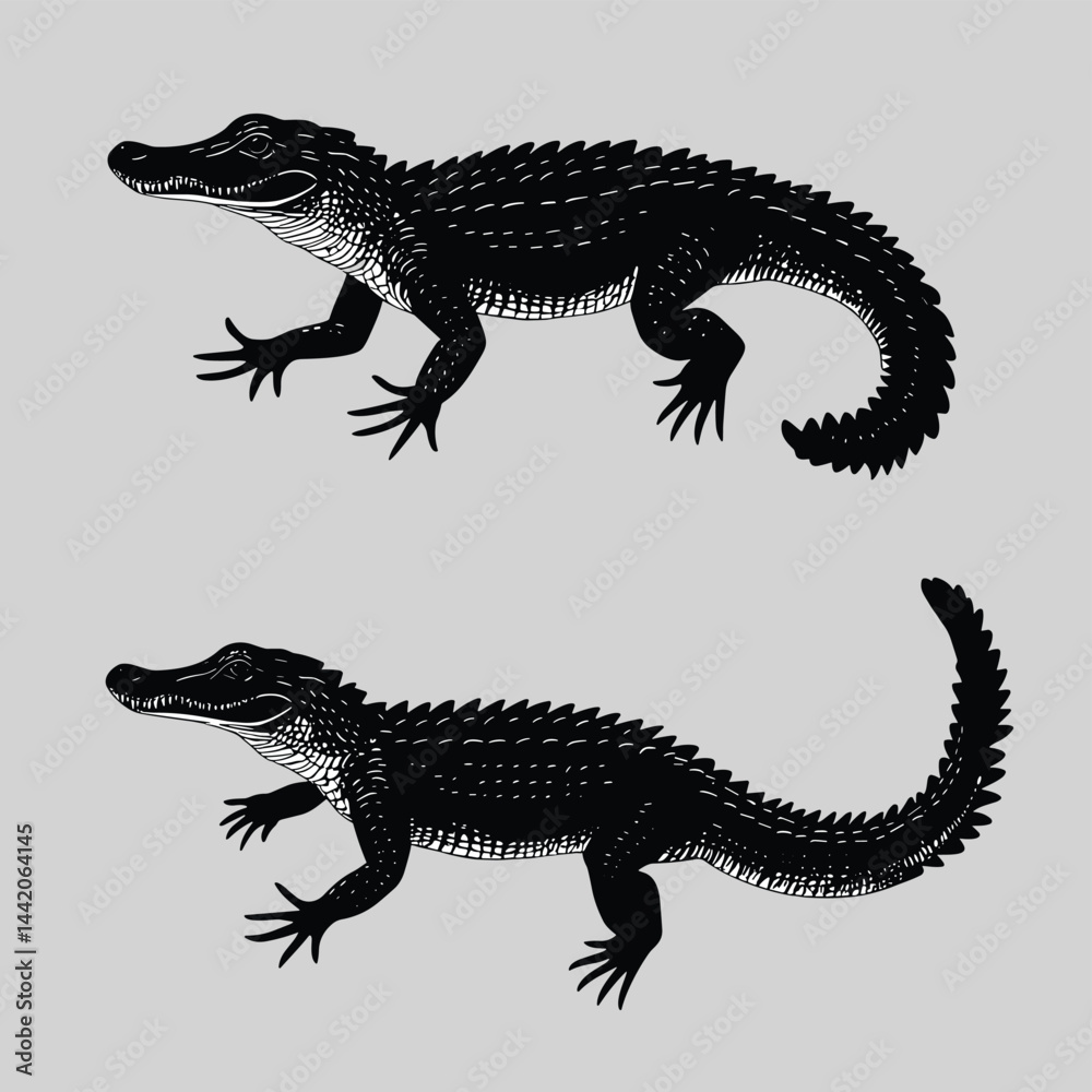 Naklejka premium Alligator and Crocodile Silhouette Illustration on Gray Background