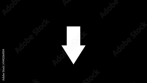 The animation of a white arrow pointing to the down moving from up to down is isolated on a black background. Suitable for tint, overlay layer, or alpha channel. Loop motion graphics