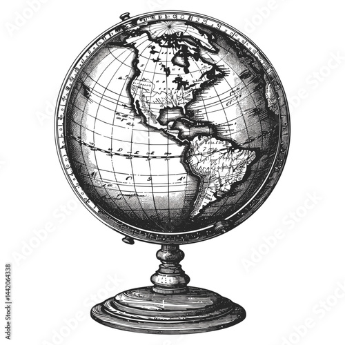 Bold black and white vintage globe, classic engraving vector, old-fashioned map art, retro educational decor, antique hand-drawn illustration, world travel sketch, historic globe artwork