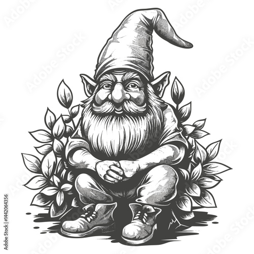 Old engraving garden gnome logo, monochrome sketch style, vintage art, rustic garden decoration, whimsical character, antique lawn statue, retro magical figure, fairy tale icon