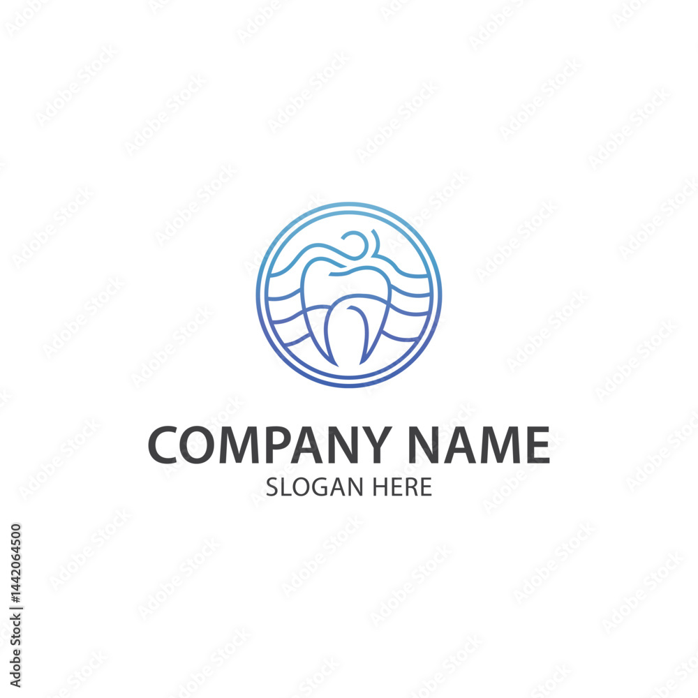 Vector logo of a stylized tooth combined with wave lines inside a circle, representing dental health, hygiene, and freshness. Perfect for dentists, dental clinics, orthodontists, dental care products Vector logo of a stylized tooth combined with wave lines inside a circle, representing dental health, hygiene, and freshness. Perfect for dentists, dental clinics, orthodontists, dental care products