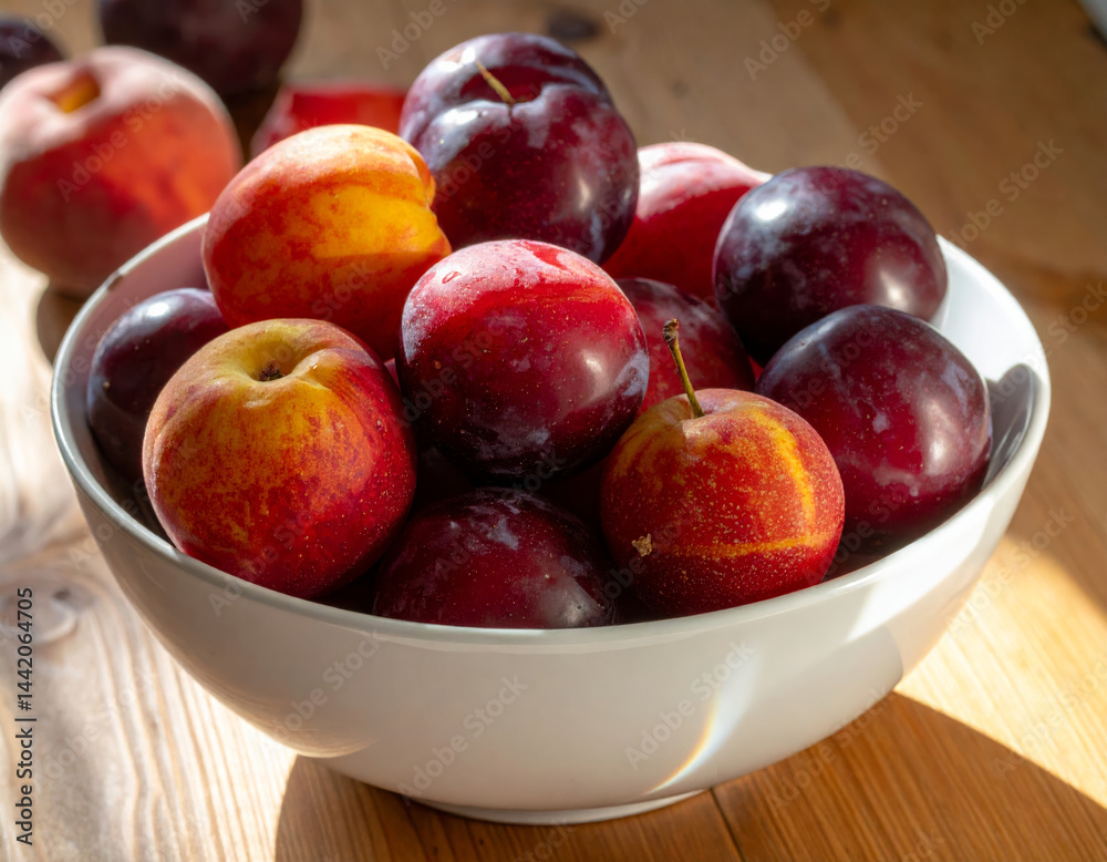 Fresh plums and peaches white bowl create vibrant display wooden table, evoking sense of warmth and abundance. sunlight enhances rich colors of fruits, making them look inviting and delicious Fresh plums and peaches white bowl create vibrant display wooden table, evoking sense of warmth and abundance. sunlight enhances rich colors of fruits, making them look inviting and delicious