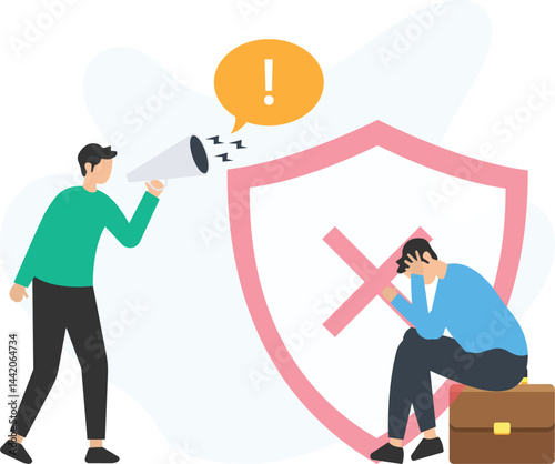 Man is using a megaphone to shout at a sad businessman, who is sitting on his briefcase and protected by a big shield with a red cross on it, representing security and data protection

