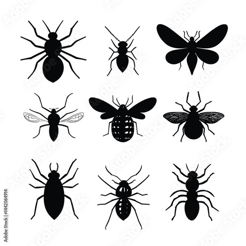 Insect Silhouette Collection with Ants, Beetles, and Flies on White Background