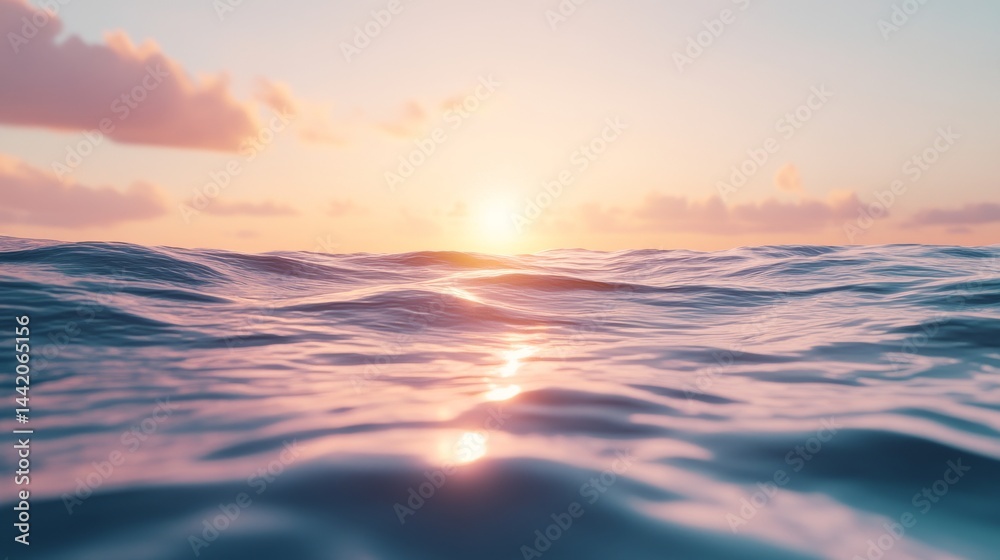 A breathtaking sunset draping the ocean waves. The tranquil waters reflect a colorful sky. Perfect for conveying peace and serenity. Generative AI