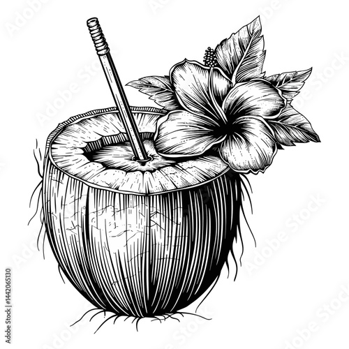 Old vintage engraving coconut drink, black sketch with straw and flower, tropical cocktail drawing, trendy coconut illustration, retro beverage artwork, tropical summer drink
