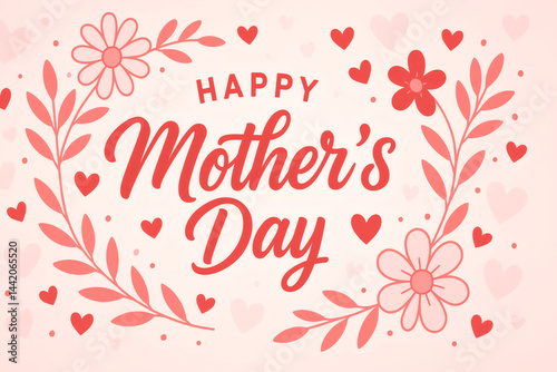Elegant Happy Mother's Day Greeting Card with Floral Wreath, Hearts, and Handwritten Typography on Soft Pink Background for Celebration and Seasonal Design