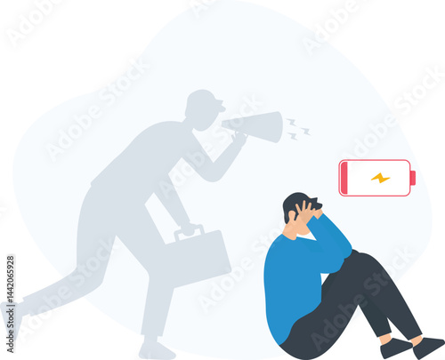 Stressed manager sitting on the floor with his hands on his head, with a low battery icon, being yelled at by his boss using a megaphone, representing professional burnout

