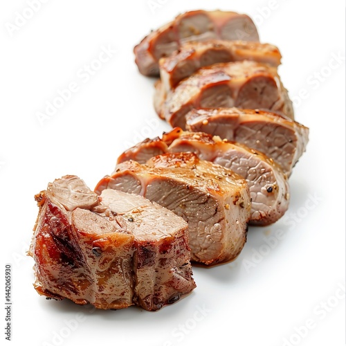 Delicious roasted pork tenderloin recipe sliced and ready to eat on a white background for food blog on transparent background