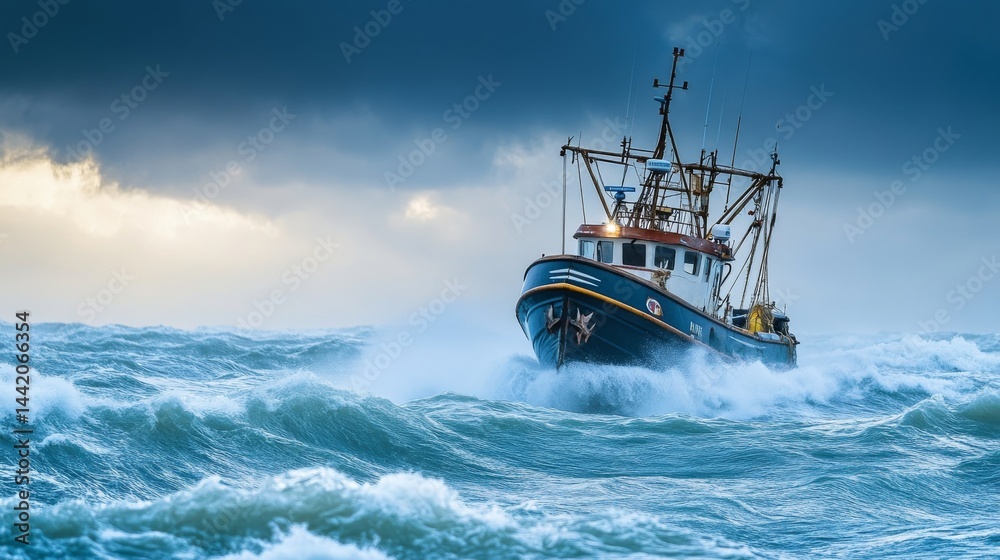 Naklejka premium A fishing boat braves the turbulent seas. The waves crash around as the vessel navigates the stormy waters. Experience the power of nature and maritime life. Generative AI