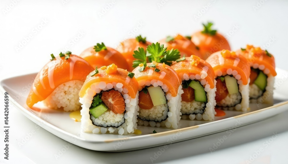 Sushi platter, various rolls, clean white background, healthy, fish