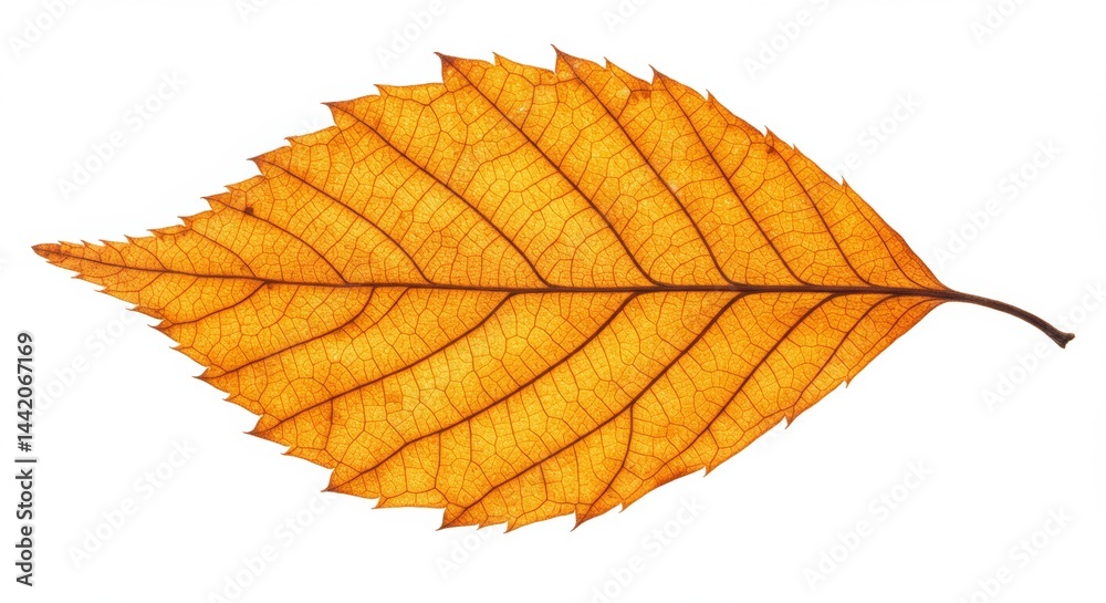 Fototapeta premium Translucent autumn leaf with intricate venation against white background displaying fall season beauty and natural texture for design and decoration