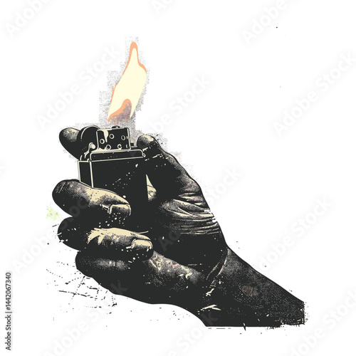 Old vintage sketch, hand with burning lighter, black engraving style, trendy retro artwork, antique illustration, hand sketch vintage, classic old style drawing, retro lighter art