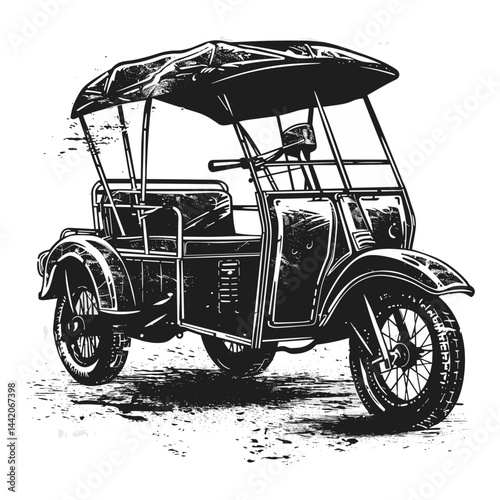 Vintage Indian auto-rickshaw logo, black sketch, old engraving style, trendy tuk tuk illustration, antique three-wheeler art, hand drawn vehicle, classic Indian taxi, street scene