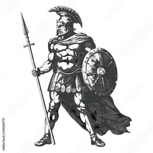Old engraving style, vintage black sketch of a mythical warrior with mace, heroic fantasy artwork, medieval fighter illustration, antique warrior drawing, trendy battle scene