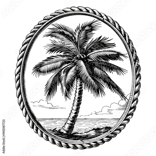 Palm tree black and white sketch, vintage oval frame with rope border, engraving style art, retro tropical illustration, old coastal artwork, vintage hand drawn palm, beach house decor