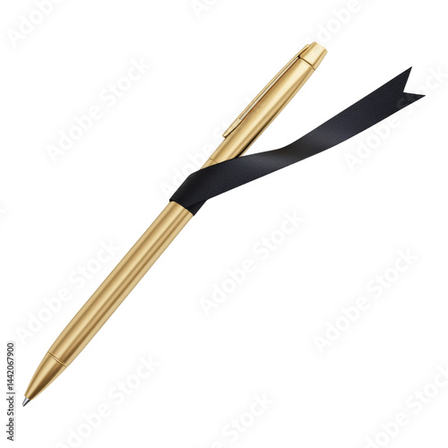Elegant Gold Pen Tied with Black Ribbon on a Isolated  Isolated on transparent background