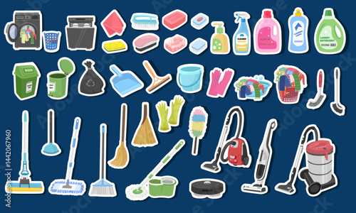 Cleaning supplies sticker vector illustration in cartoon style. House cleaning tool, cleaning products flat vector isolated on dark background.
