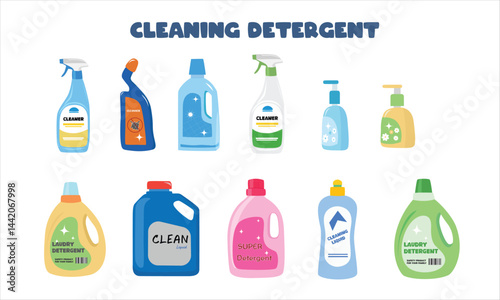 Detergent bottle, bleach can, cleaning spray bottle vector illustration in cartoon style. House cleaning detergent, cleaning supplies flat vector isolated on white background.