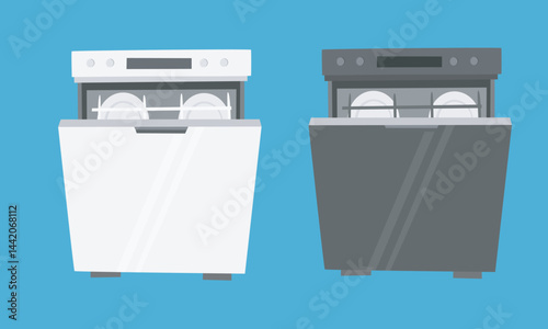 Dishwasher machine vector illustration in cartoon style. Dish washing machine clipart. Household appliance, electric equipment, cleaning supplies flat vector isolated on blue background.