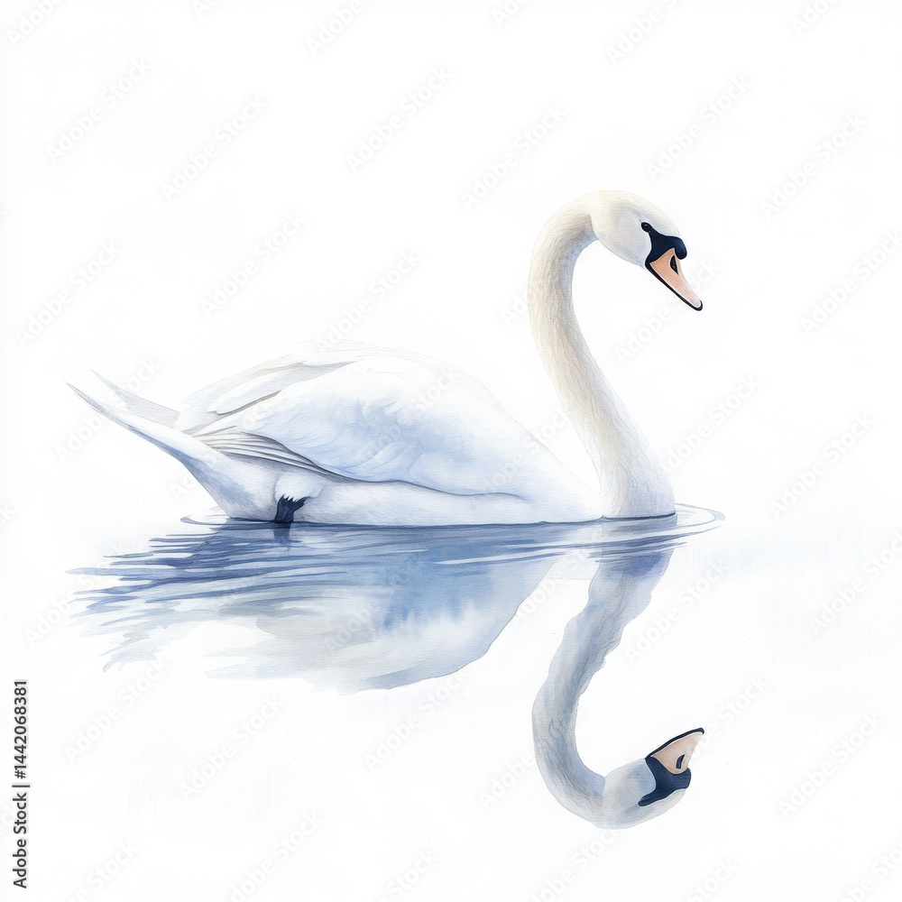 Fototapeta premium Elegant swan reflects calmly in water, serene and graceful animal