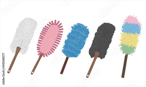 Duster vector illustration in cartoon style. Dust cleaning tool clipart set. House cleaning tool, cleaning supplies flat vector isolated on white background.