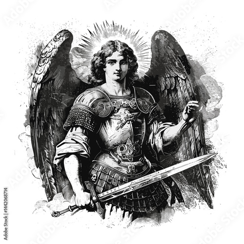Vintage black and white engraving, Archangel Gabriel, old engraving style, trendy vector art, black sketch, classic religious illustration, historical engraving, spiritual artwork, sacred angel