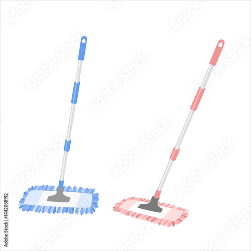 Mop vector illustration in cartoon style. Cleaning service tool vector set with different floor mops, plastic bucket. Household items for cleaning the floor. Cleaning supplies concept.