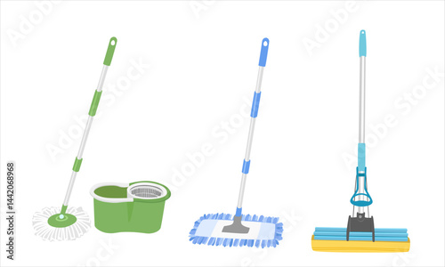 Mop vector illustration in cartoon style. Cleaning service tool vector set with different floor mops, plastic bucket. Household items for cleaning the floor. Cleaning supplies concept.