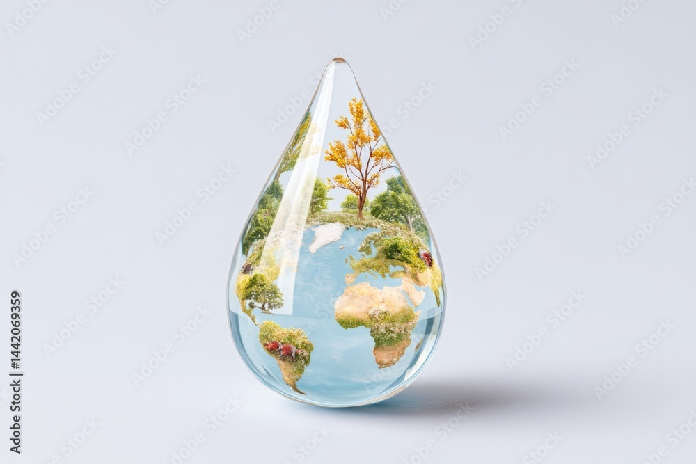 Obraz premium Miniature Earth Inside a Water Droplet Showcases a Vibrant Representation of Nature and Sustainability Concepts