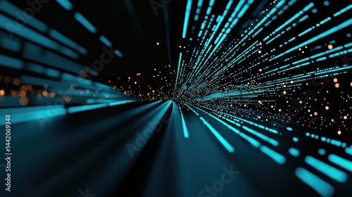 Futuristic tunnel effect with glowing turquoise lines and scattered particles.