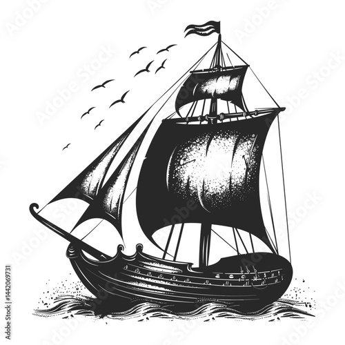 Minimalist Viking ship logo, black sketch icon, marine theme, vintage engraving style vector, simple Scandinavian ship, hand drawn boat logo, ancient sailboat, retro nautical symbol