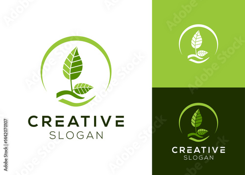 Plant or leaf with hand raised logo design for planting and environment